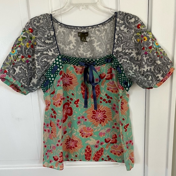 Anthropologie FEI Flores Peasant Top Blouse Mixed Media Silk Floral Embroidery 8 - Picture 1 of 12